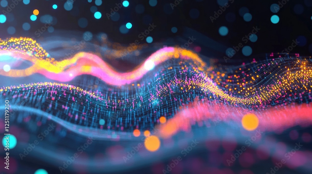 Poster genomic data visualization with interconnected bioinformatics pathways.
