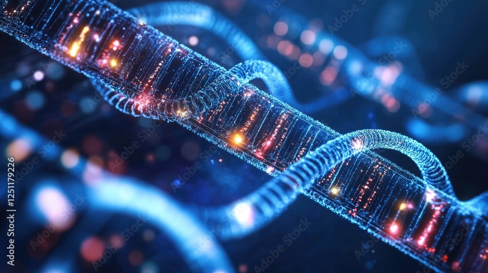 Poster genomic data visualization with interconnected bioinformatics pathways.