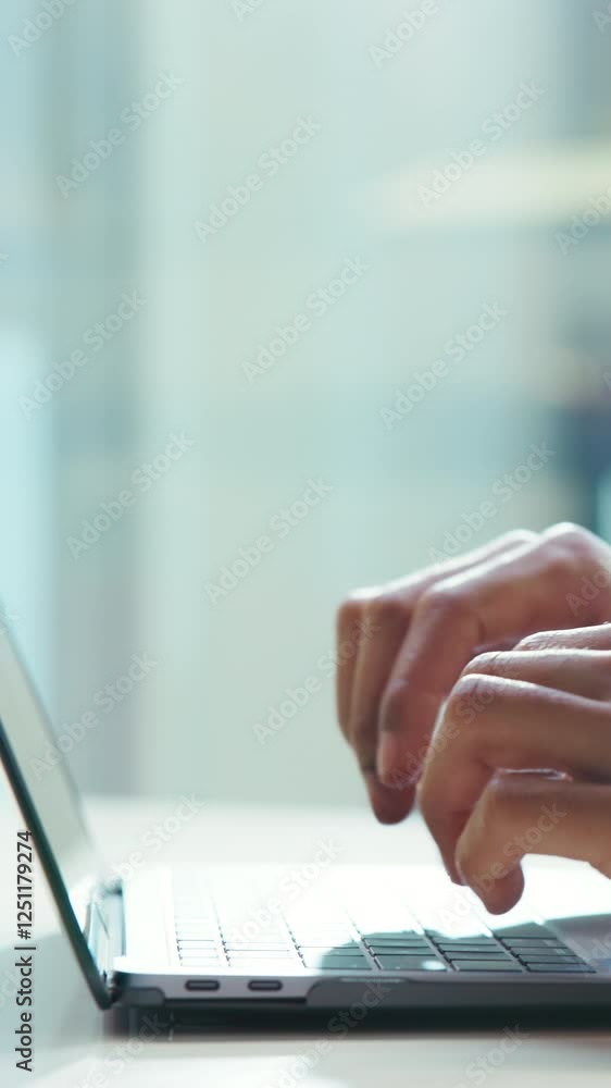 Aufkleber laptop, typing and hands of businessman in office for research, accounts feedback and email networki