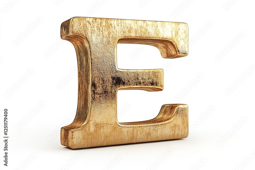 Fototapete the fresh brushed gold serif typeface used to create the 3d letter e is isolated on a white backdrop