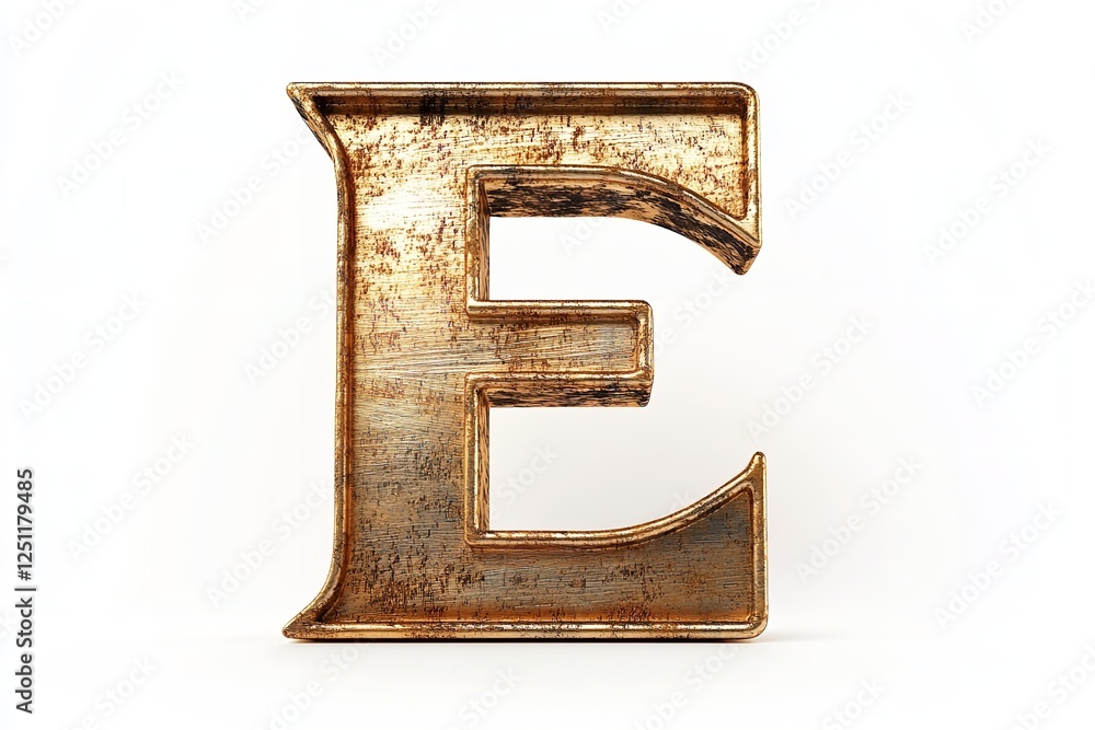 Fototapete the fresh brushed gold serif typeface used to create the 3d letter e is isolated on a white backdrop