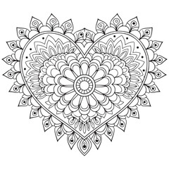 Mehndi flower pattern in form of heart for Henna drawing and tattoo. Decoration in ethnic oriental, Indian style. Coloring book page.