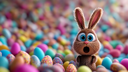 Cute anthropomorphic chocolate bunny with expressive eyes, standing in a whimsical candy landscape with pastelcolored Easter eggs