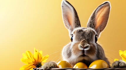 Obraz premium Cute bunny peeking into a basket filled with golden Easter eggs, softfocus blooming flowers in the background, magical morning light
