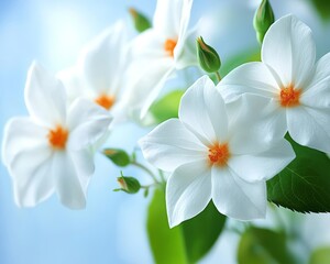 Fototapeta premium White Dog Rose Flowers with Orange Centers Against a Clear Blue Sky, Shallow Depth of Field