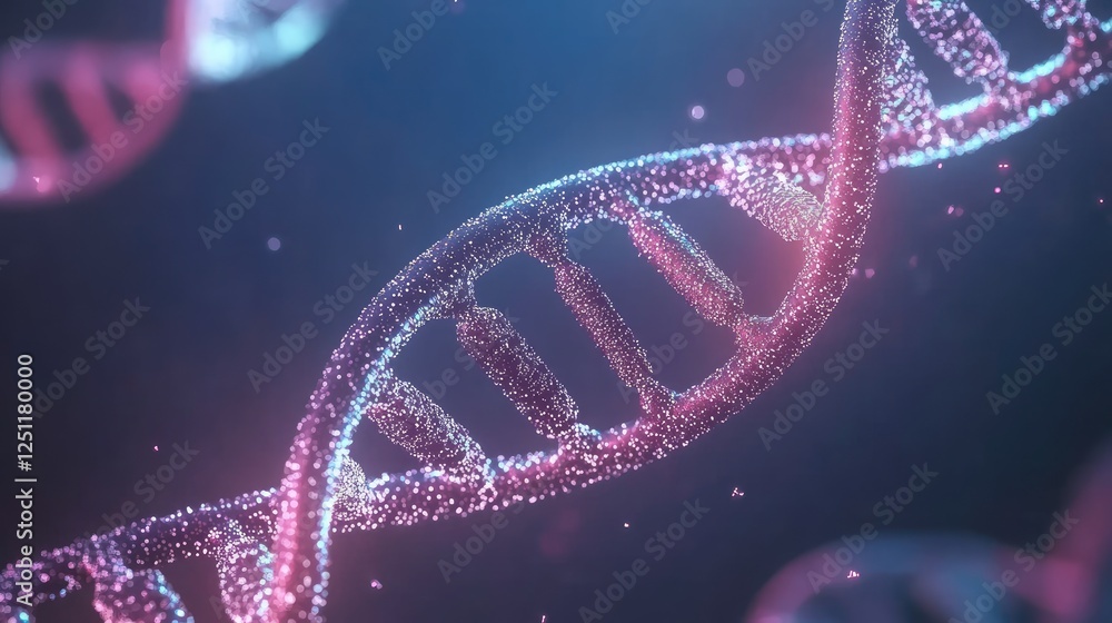 Poster glowing d dna helix surrounded by bioinformatics data points.