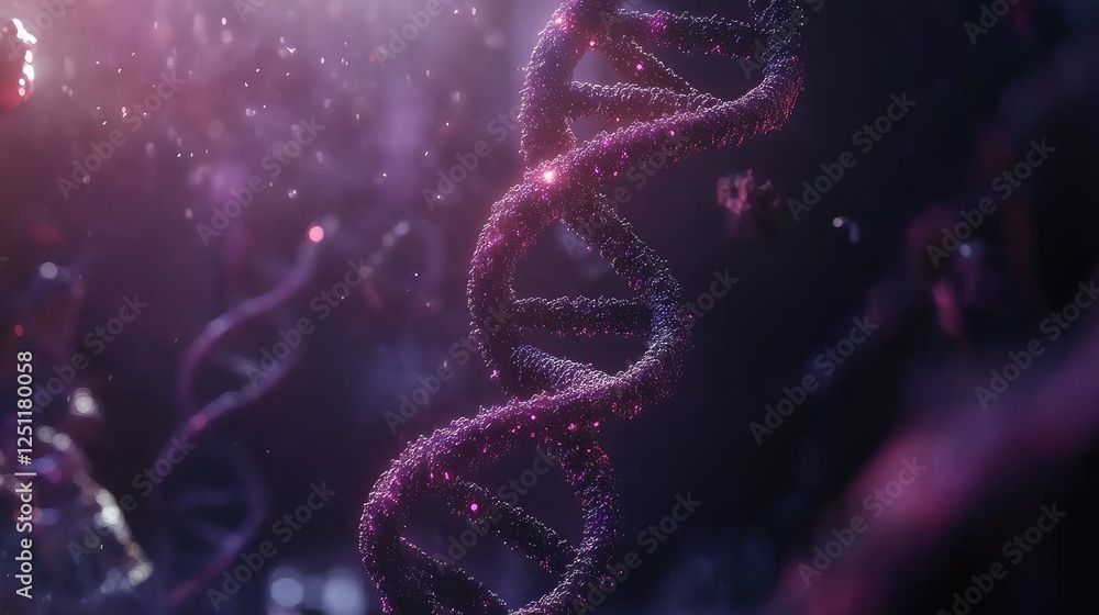 Poster glowing d dna helix surrounded by bioinformatics data points.