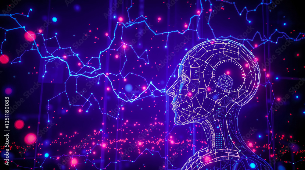 Poster a computer generated image of a head with a face and a body. the head is surrounded by a purple back