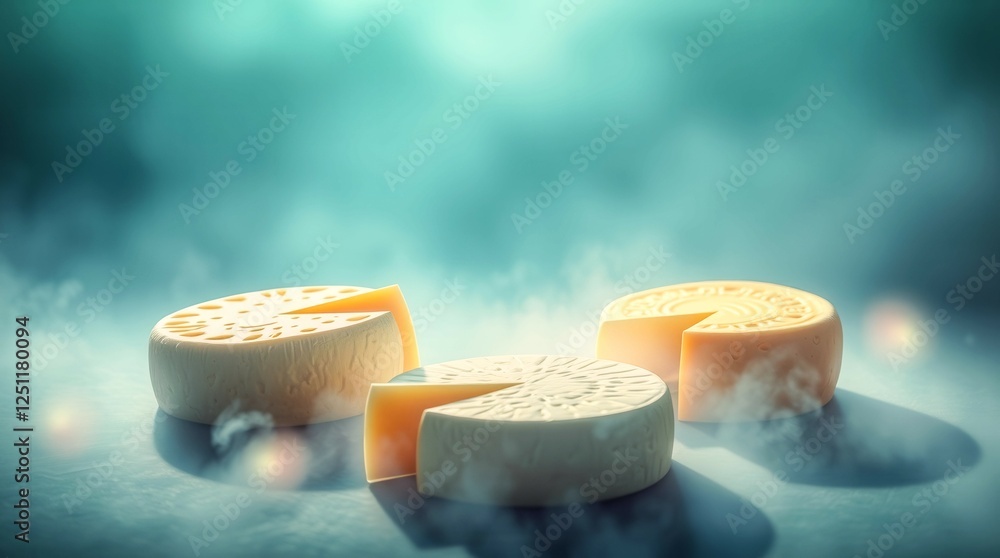 Poster a blue and white image of a bunch of cheese pieces floating in the air. scene is playful and whimsic