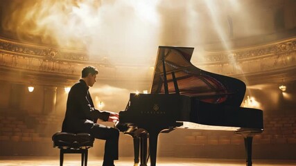 A pianist in a formal suit plays a grand piano on an elegant concert hall stage, illuminated by dramatic beams of light. The setting exudes artistry, passion, and the beauty of classical music perform