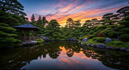 A peaceful garden with a koi pond reflecting the vibrant sunset sky, AI Generated