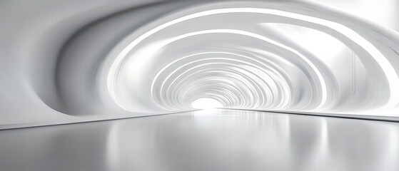 Obraz premium Futuristic tunnel with dynamic lines and curves, featuring bright light at end. smooth, white interior creates sense of depth and modernity
