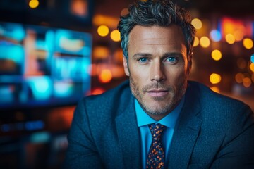 Obraz premium A news anchor delivering breaking news in a serious and professional tone on live television
