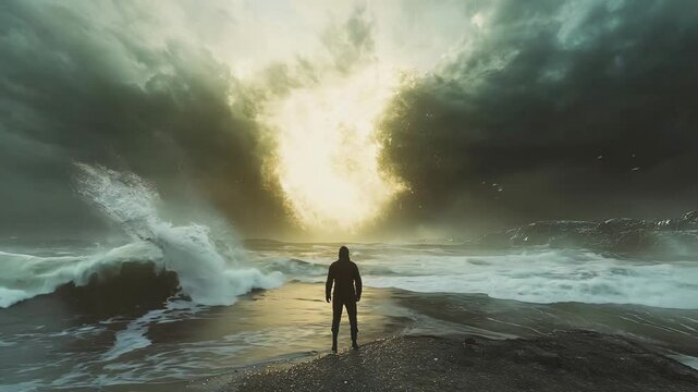 A lone figure stands on the shore, gazing at a massive, glowing explosion in the stormy sky over the ocean. With turbulent waves crashing around them and dark clouds swirling, the scene evokes mystery