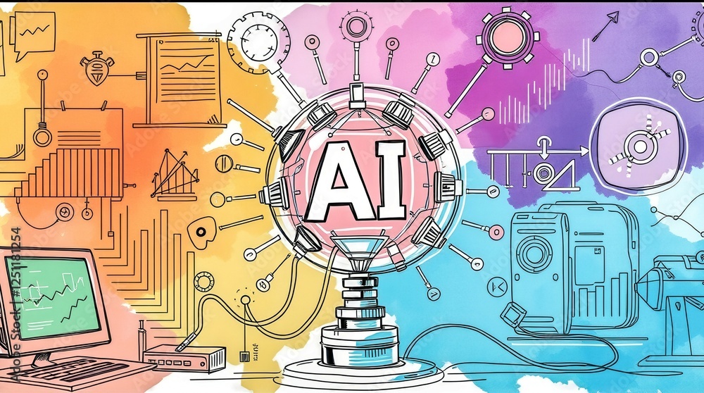 Poster a colorful drawing of a sphere with the word ai written on it. the drawing is of a computer and othe