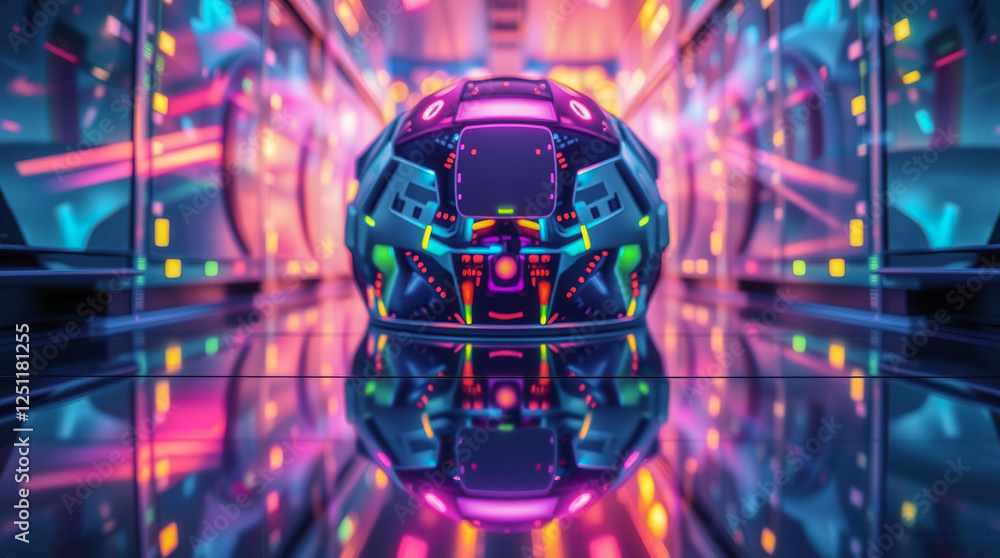 Poster a neon colored sphere is reflected in a mirror. the sphere is surrounded by a colorful, futuristic e