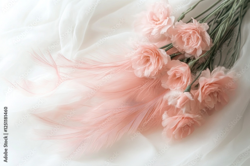 Aufkleber delicate soft pink flowers and feathers rest gracefully on a light background, creating a calming an
