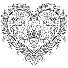 Mehndi flower pattern in form of heart for Henna drawing and tattoo. Decoration in ethnic oriental, Indian style. Coloring book page.