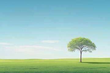 Fototapeta premium Lone Tree in Sunny Savanna - A single tree stands in a vast green field under a clear blue sky, symbolizing solitude, resilience, hope, peace, and nature's beauty.