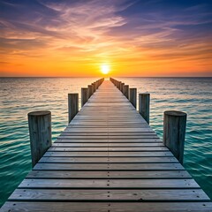 Fototapeta premium A peaceful pier extending into the ocean, with the sun setting in the background, Ai Generated