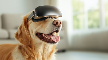 A happy golden retriever wearing VR goggles lies in a well-lit room, illustrating the concept of pets experiencing virtual worlds and the joy of technological bonding.