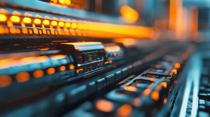 A close-up view of illuminated data cables, showcasing vibrant orange and blue lights, symbolizing technology and connectivity.