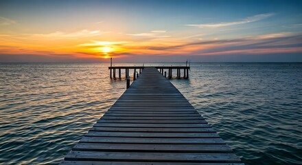 Obraz premium A peaceful pier extending into the ocean, with the sun setting in the background, Ai Generated