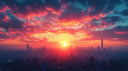Stunning sunset over a city skyline, showcasing vibrant colors and clouds.