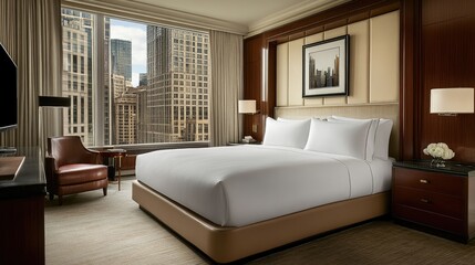 Luxurious hotel bed with pristine white linens and fluffy pillows.