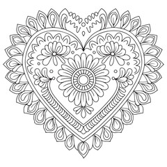Mehndi flower pattern in form of heart for Henna drawing and tattoo. Decoration in ethnic oriental, Indian style. Coloring book page.