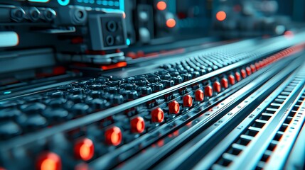 A close-up view of a futuristic technology interface featuring glowing buttons and intricate machinery elements.