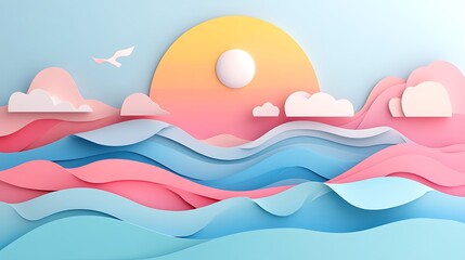 Pastel Papercut Seascape Sunset Scene With Bird