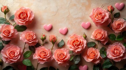 Elevate Women's Day for your mother. Behold this enchanting top view snapshot of blooming roses and affectionate hearts on a soft pastel beige setting, ideal for your personal message or promotion.