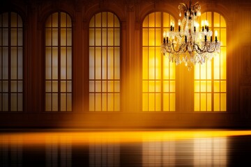 Elegant Ballroom Interior with Chandelier - Grand ballroom interior with large windows and a stunning crystal chandelier, perfect for event or luxury background.