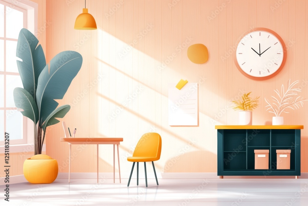 Poster a simple vector illustration of an empty classroom with neatly arranged desks