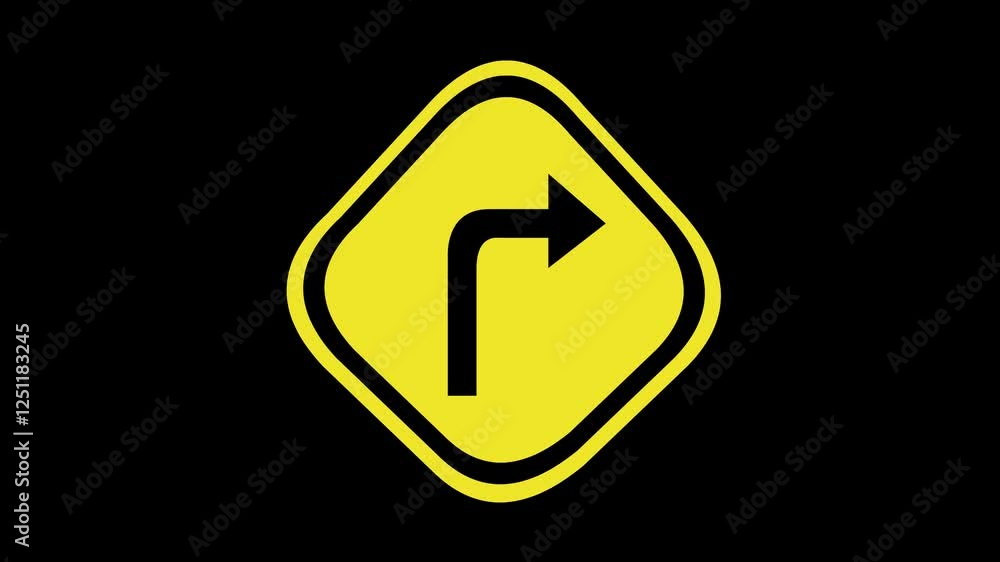 Poster video animation traffic signage to turn right symbol, on a transparent background with alpha channel