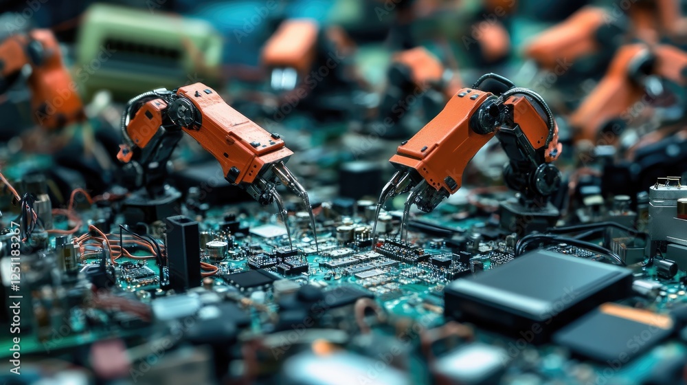 Poster microscopic robots assembling electronics at atomic precision.