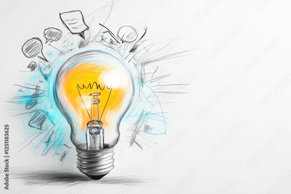 Poster a sleek line-art illustration of an idea light bulb filled with knowledge symbols