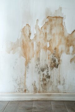 Close-up of a wall stained with water infiltration, showing saltpeter or mold formation due to potassium nitrate in building materials reacting with oxygen and creating excess moisture.