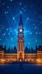 Fototapeta premium Parliament Hill at Night, Ottawa Canada, Connected in Digital Network, Technology Concept