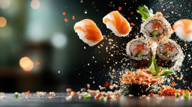 Sushi rolls take flight in an imaginative display, showcasing the artistic flair and attention to detail in sushi making while inviting viewers to enjoy the culinary arts.