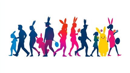 Obraz premium a vibrant Easter parade with people in bunny costumes, festive and fun, flat vector illustration, isolated on white background