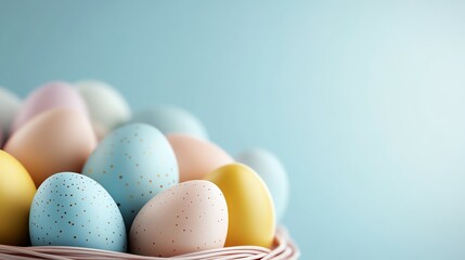 Pastel Easter eggs, ribbonwrapped basket, soft bokeh effect, 3D illustration