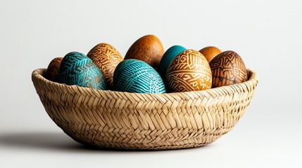 a tribalinspired Easter basket made of woven palm leaves, filled with handcarved wooden eggs, cultural art, isolated on white background