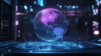 Obraz premium Glowing semi-transparent holographic globe above dark surface, digital data streams, network connections, circuit patterns, cool blue and violet lighting, futuristic IT branding visualization.