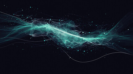 High-tech network diagram with glowing blue and green data nodes, white lines forming intricate web, dark gradient background, soft ambient lighting, modern business presentation visualization.
