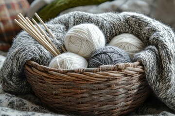 A rustic basket filled with soft yarn balls and knitting needles rests on a textured blanket, inspiring creativity for knitting projects