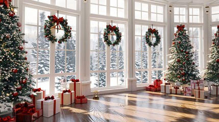 Christmas tree with gifts in the interior of a large room with large windows