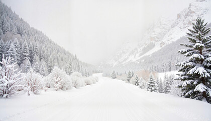 Snowy mountain pass in blizzard conditions, winter serenity