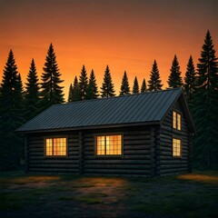 A remote cabin in the woods, its windows glowing under a deep orange sunset sky, Ai Generated